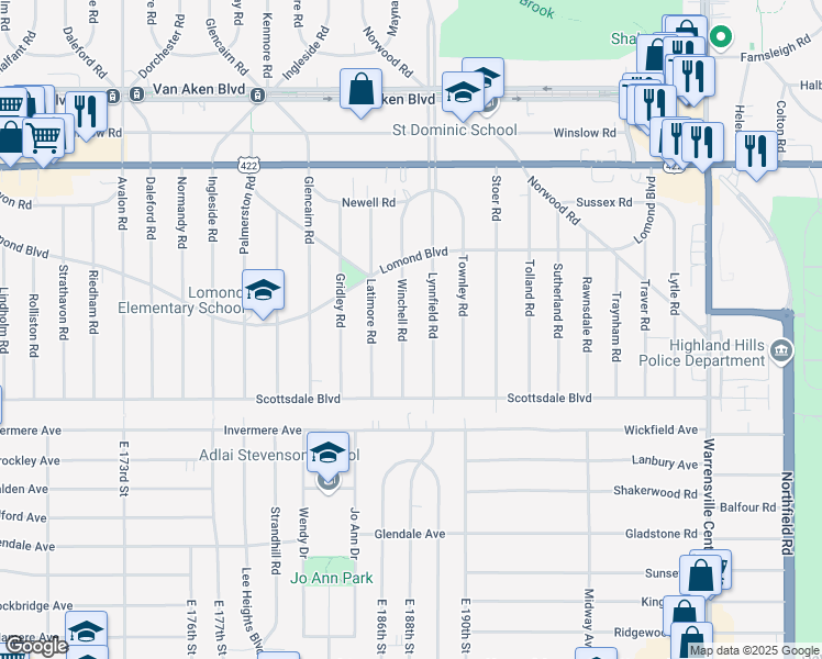 map of restaurants, bars, coffee shops, grocery stores, and more near 3658 Lynnfield Road in Shaker Heights