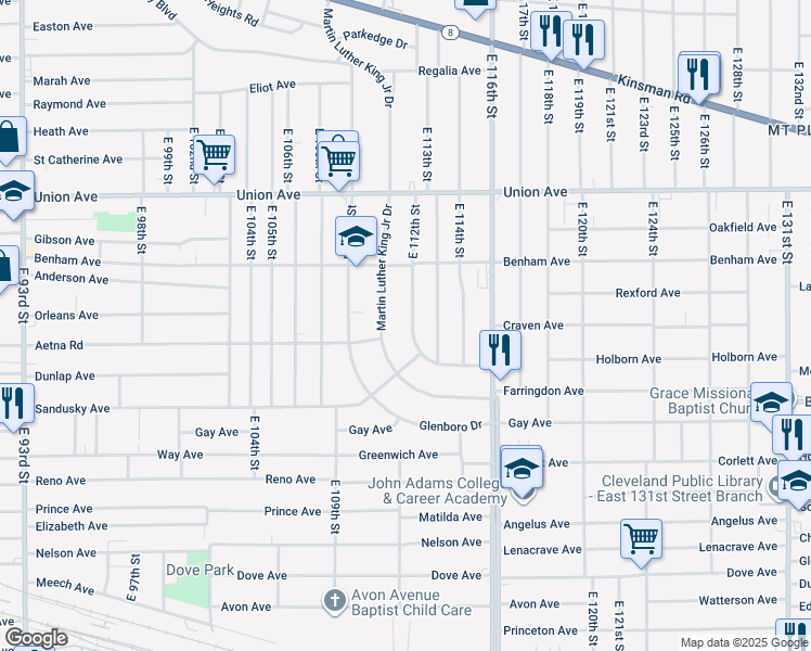 map of restaurants, bars, coffee shops, grocery stores, and more near 3629 East 112th Street in Cleveland