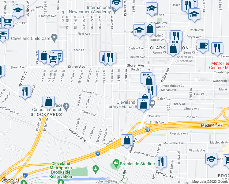 map of restaurants, bars, coffee shops, grocery stores, and more near 3468 West 46th Street in Cleveland