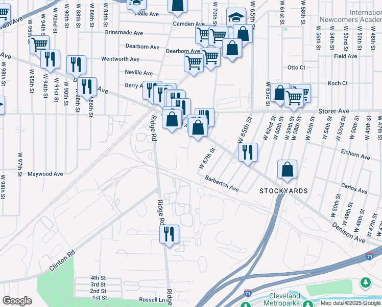 map of restaurants, bars, coffee shops, grocery stores, and more near 3565 West 69th Street in Cleveland