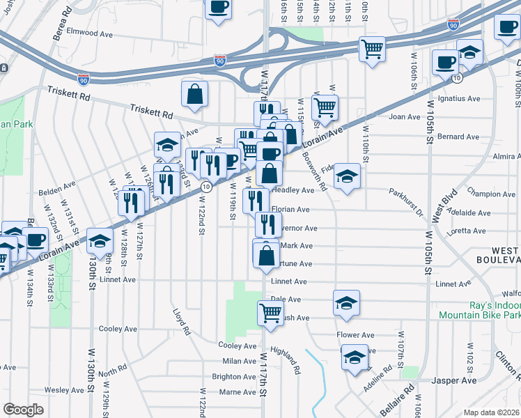 map of restaurants, bars, coffee shops, grocery stores, and more near 3403 West 118th Street in Cleveland