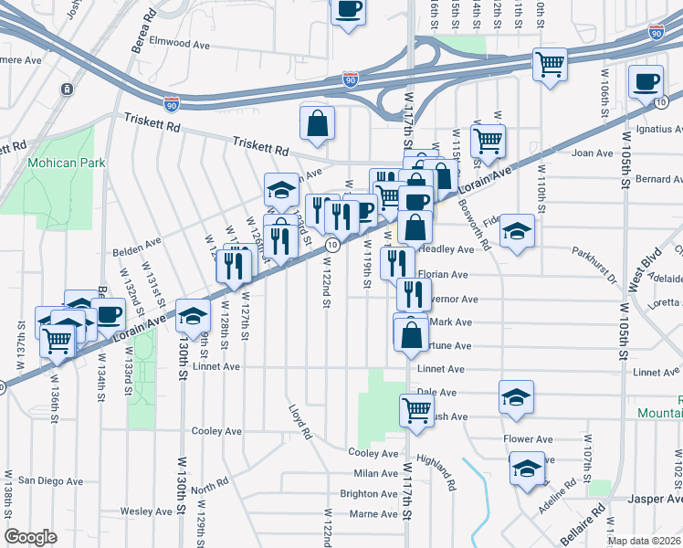 map of restaurants, bars, coffee shops, grocery stores, and more near 3403 West 122nd Street in Cleveland