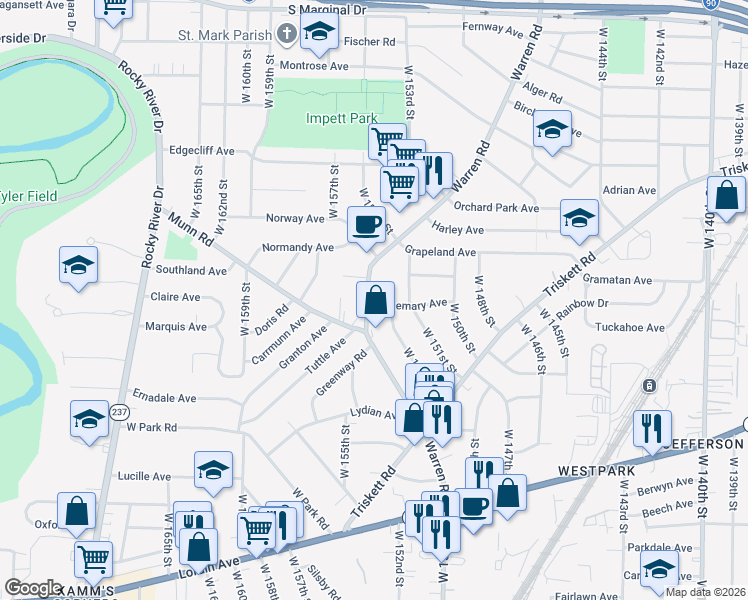 map of restaurants, bars, coffee shops, grocery stores, and more near 3457 Warren Road in Cleveland