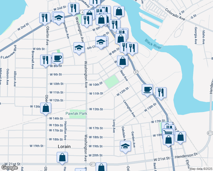 map of restaurants, bars, coffee shops, grocery stores, and more near 1022 Long Avenue in Lorain