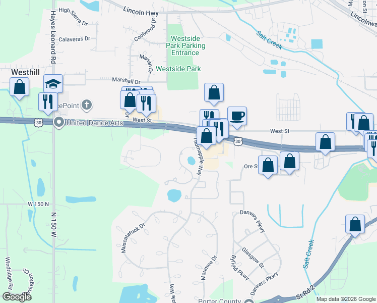 map of restaurants, bars, coffee shops, grocery stores, and more near 970 Millpond Road in Valparaiso