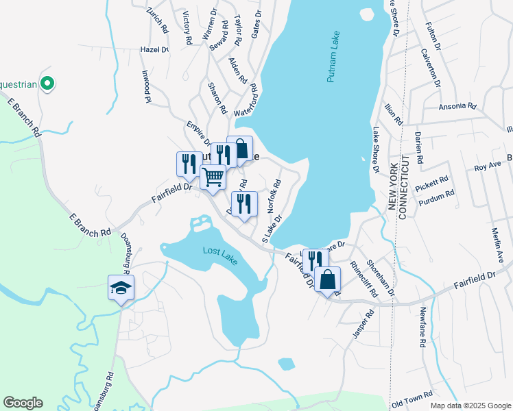 map of restaurants, bars, coffee shops, grocery stores, and more near 42 Eastwood Road in Patterson