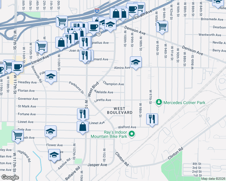 map of restaurants, bars, coffee shops, grocery stores, and more near 10115 Champion Avenue in Cleveland