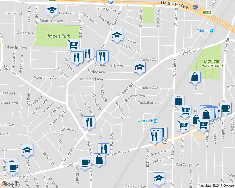 map of restaurants, bars, coffee shops, grocery stores, and more near 14700 Triskett Road in Cleveland
