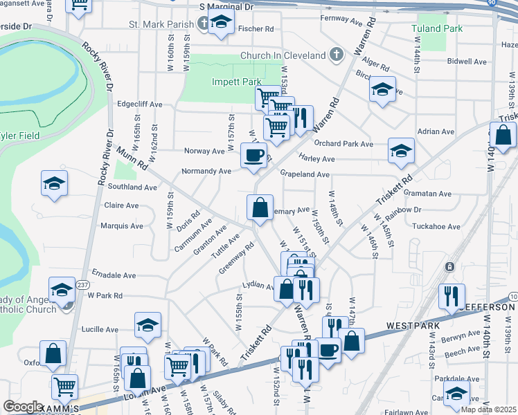 map of restaurants, bars, coffee shops, grocery stores, and more near 3457 Warren Road in Cleveland