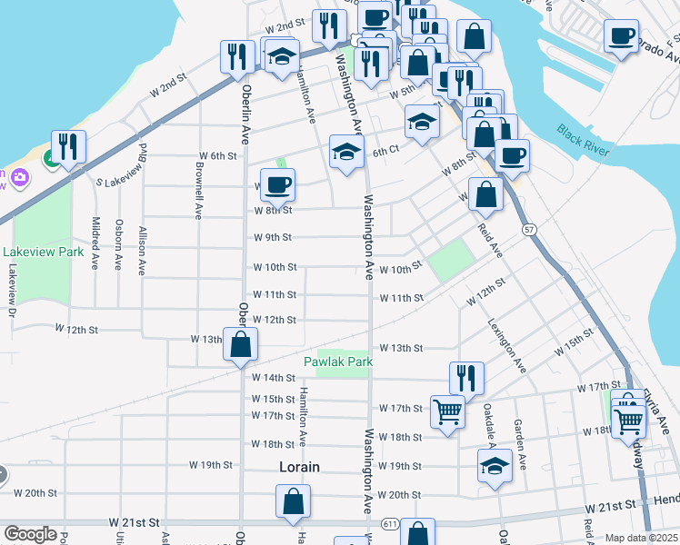 map of restaurants, bars, coffee shops, grocery stores, and more near 1028 West 10th Street in Lorain