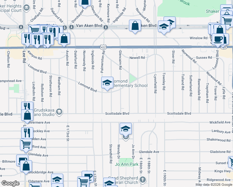 map of restaurants, bars, coffee shops, grocery stores, and more near 18124 Lomond Boulevard in Shaker Heights