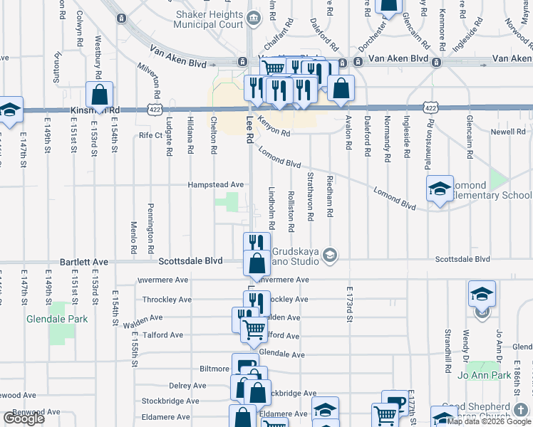 map of restaurants, bars, coffee shops, grocery stores, and more near 3660 Lindholm Road in Shaker Heights
