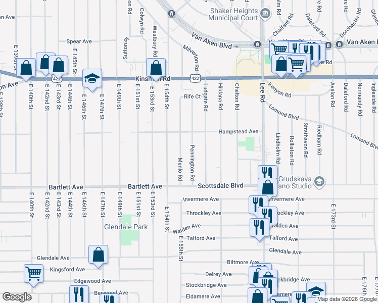map of restaurants, bars, coffee shops, grocery stores, and more near 3662 Pennington Road in Shaker Heights