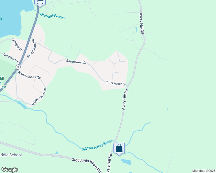 map of restaurants, bars, coffee shops, grocery stores, and more near 57 Bittersweet Drive in Ledyard