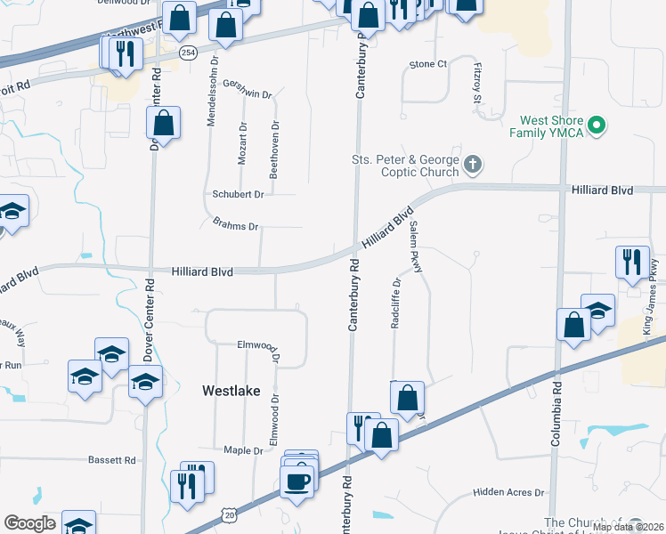 map of restaurants, bars, coffee shops, grocery stores, and more near 26345 Hilliard Boulevard in Westlake