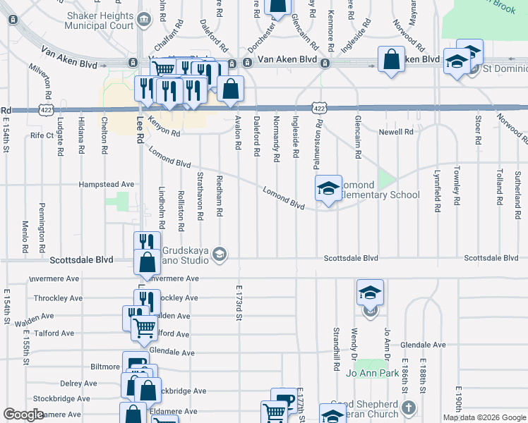 map of restaurants, bars, coffee shops, grocery stores, and more near 3662 Daleford Road in Shaker Heights