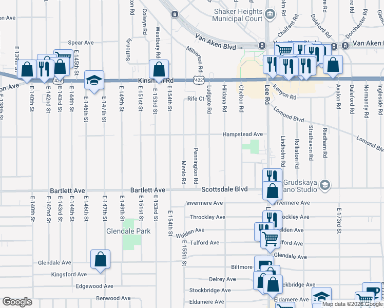 map of restaurants, bars, coffee shops, grocery stores, and more near 3662 Pennington Road in Shaker Heights