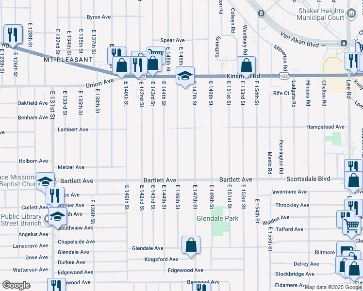 map of restaurants, bars, coffee shops, grocery stores, and more near 3656 East 146th Street in Cleveland
