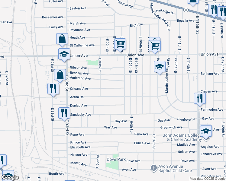 map of restaurants, bars, coffee shops, grocery stores, and more near 10008 Orleans Avenue in Cleveland