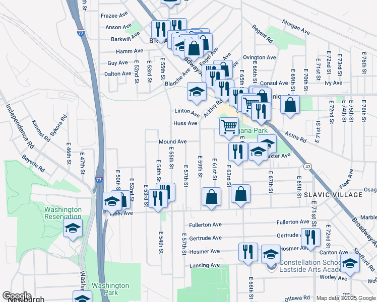 map of restaurants, bars, coffee shops, grocery stores, and more near 3605 East 57th Street in Cleveland