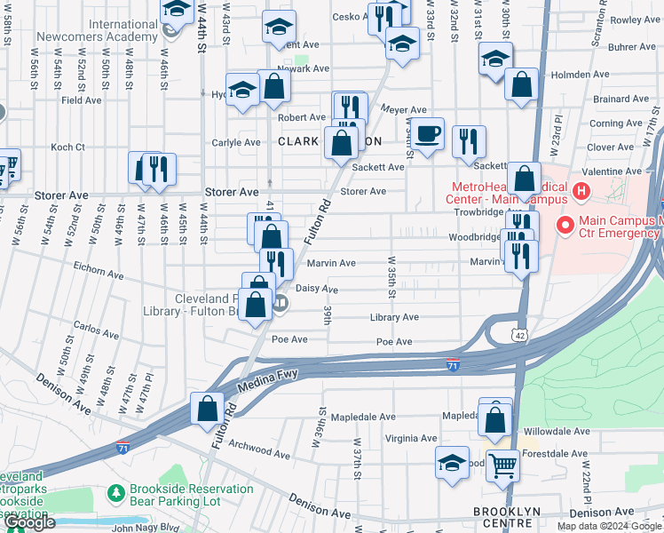 map of restaurants, bars, coffee shops, grocery stores, and more near 3716 Marvin Avenue in Cleveland