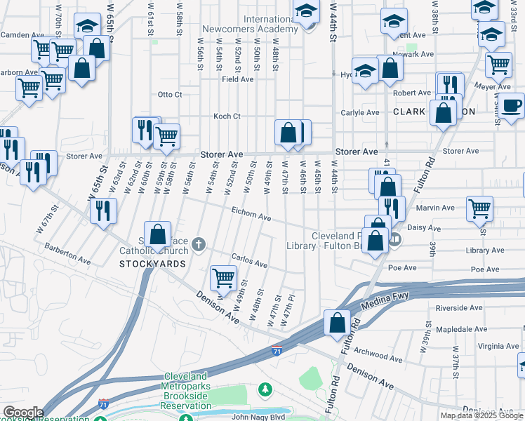 map of restaurants, bars, coffee shops, grocery stores, and more near 4926 Eichorn Avenue in Cleveland
