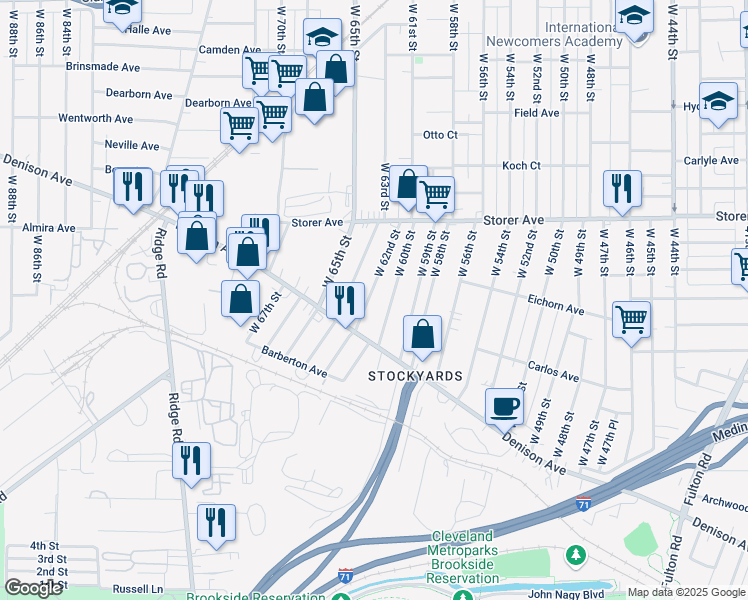 map of restaurants, bars, coffee shops, grocery stores, and more near 3467 West 62nd Street in Cleveland