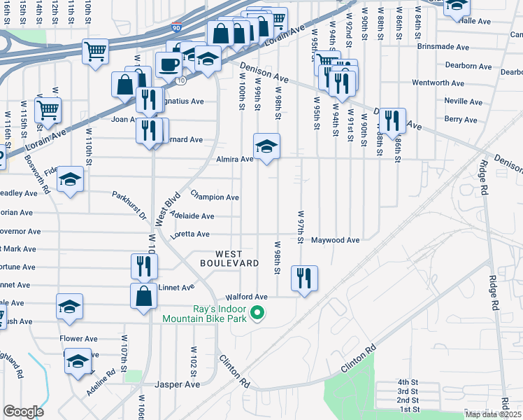 map of restaurants, bars, coffee shops, grocery stores, and more near 3444 West 98th Street in Cleveland