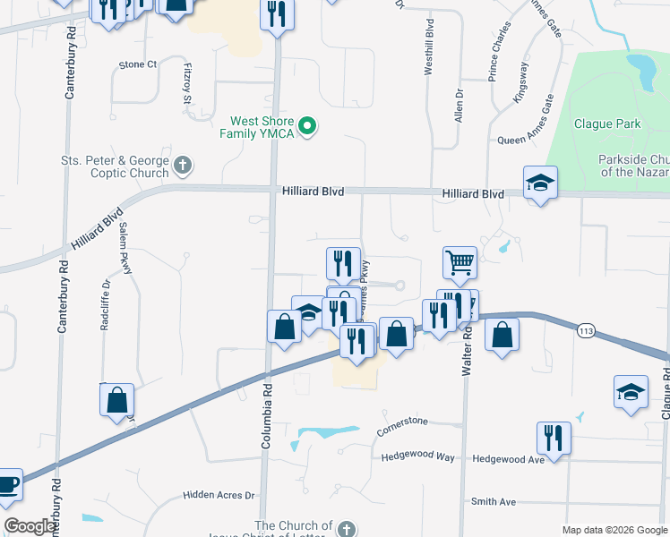 map of restaurants, bars, coffee shops, grocery stores, and more near 1910 King James Parkway in Westlake
