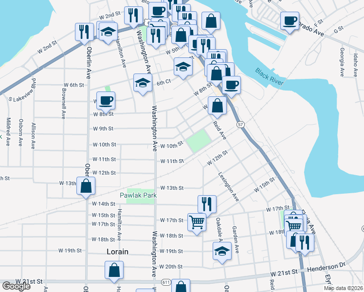 map of restaurants, bars, coffee shops, grocery stores, and more near 1022 Long Avenue in Lorain