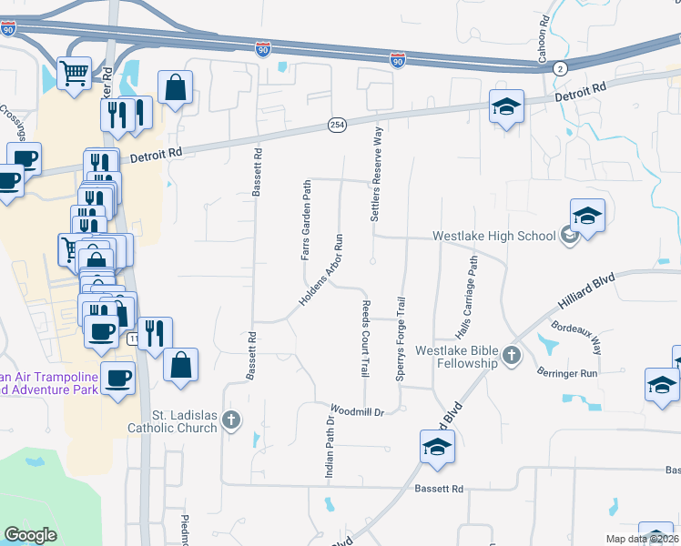 map of restaurants, bars, coffee shops, grocery stores, and more near 1833 Holdens Arbor Run in Westlake
