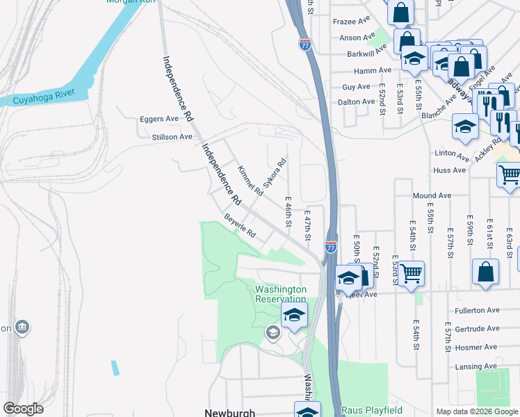map of restaurants, bars, coffee shops, grocery stores, and more near 3561 Independence Road in Cleveland