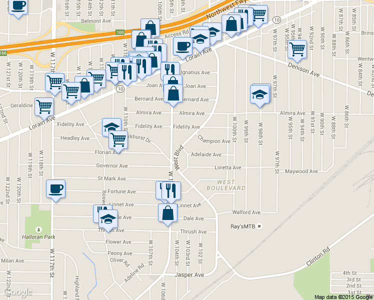map of restaurants, bars, coffee shops, grocery stores, and more near 3429 West Blvd in Cleveland