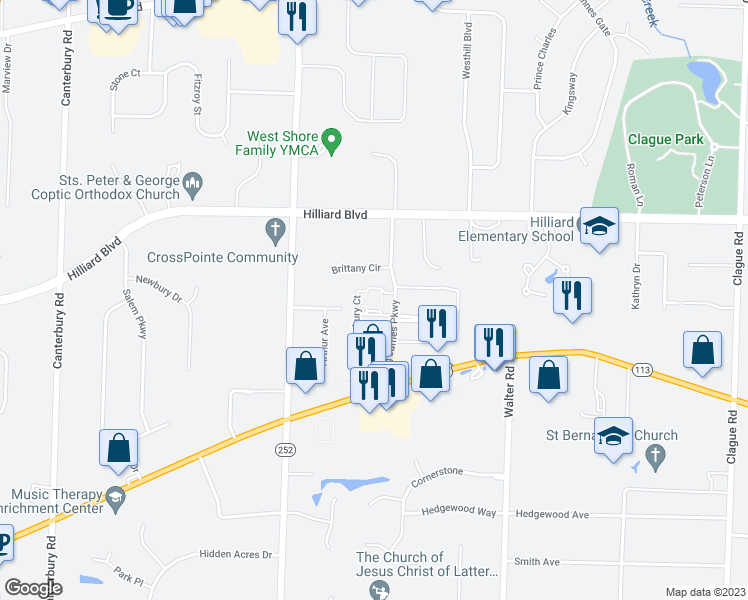 map of restaurants, bars, coffee shops, grocery stores, and more near 1910 King James Parkway in Westlake