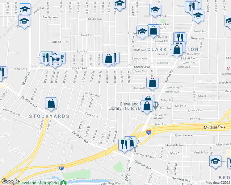 map of restaurants, bars, coffee shops, grocery stores, and more near W 46th St & Marvin Ave in Cleveland