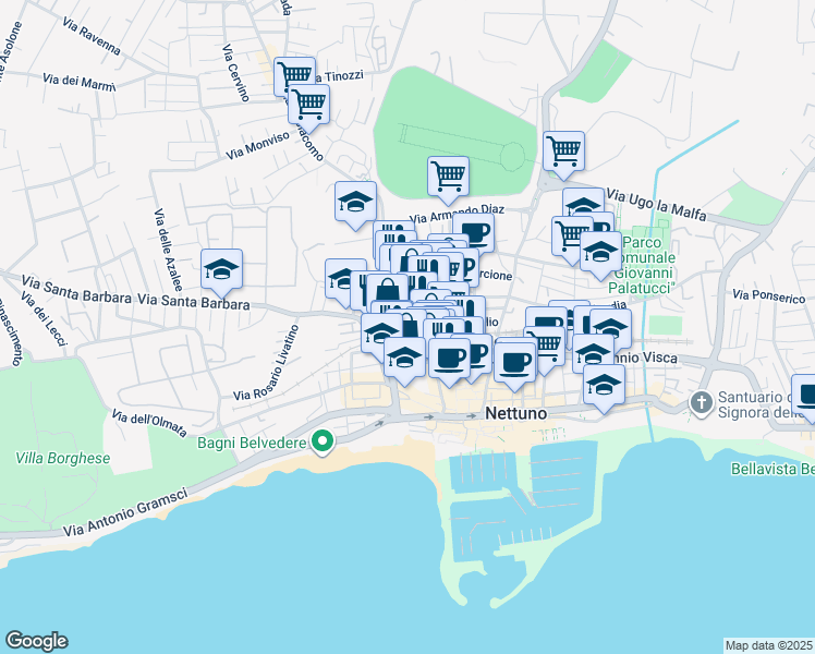 map of restaurants, bars, coffee shops, grocery stores, and more near 13 Via della Libertà in Nettuno