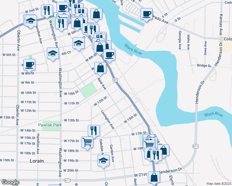 map of restaurants, bars, coffee shops, grocery stores, and more near 211 West 12th Street in Lorain