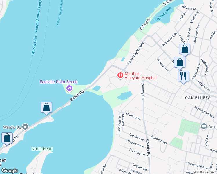 map of restaurants, bars, coffee shops, grocery stores, and more near 26 Windemere Road in Oak Bluffs