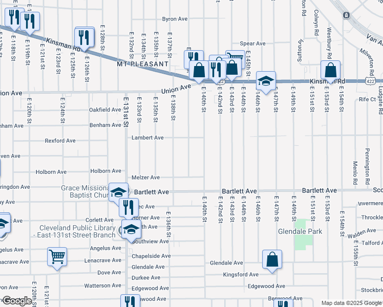 map of restaurants, bars, coffee shops, grocery stores, and more near 3651 East 139th Street in Cleveland