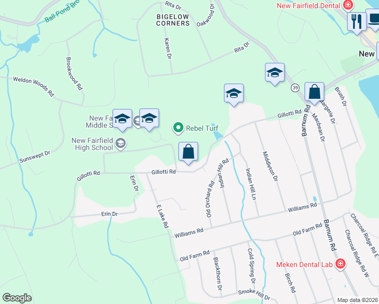 map of restaurants, bars, coffee shops, grocery stores, and more near 52A Gillotti Road in New Fairfield
