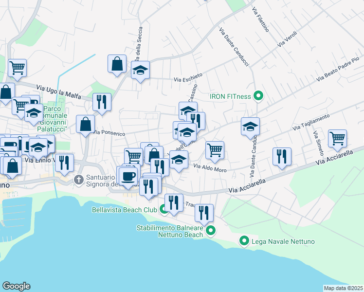 map of restaurants, bars, coffee shops, grocery stores, and more near 35 Via dell'Olmo in Nettuno