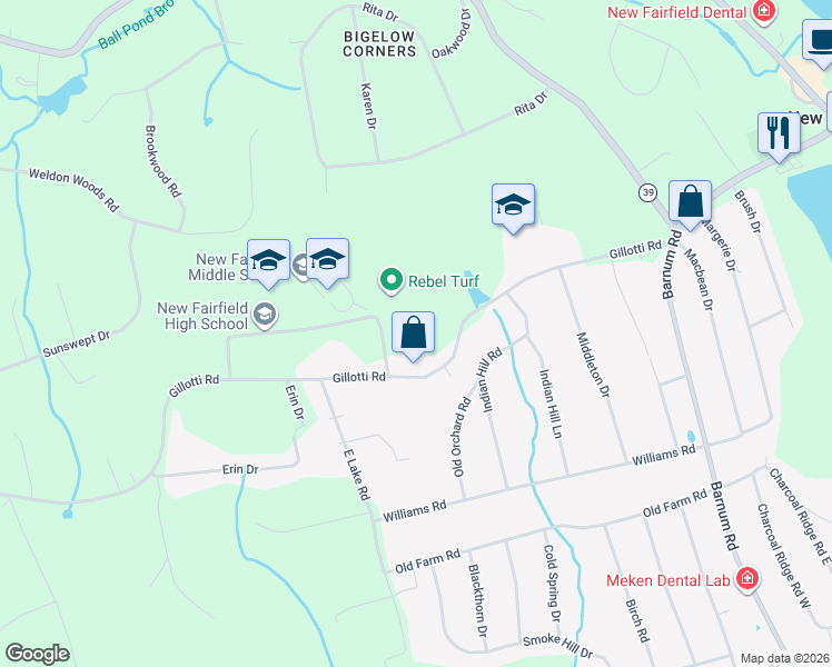 map of restaurants, bars, coffee shops, grocery stores, and more near 52 A Gillotti Road in New Fairfield