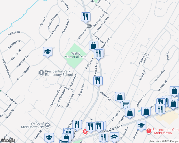 map of restaurants, bars, coffee shops, grocery stores, and more near N Beacon St & Church St in Middletown