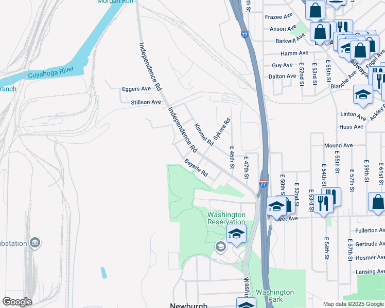 map of restaurants, bars, coffee shops, grocery stores, and more near 3530 Independence Rd in Cleveland