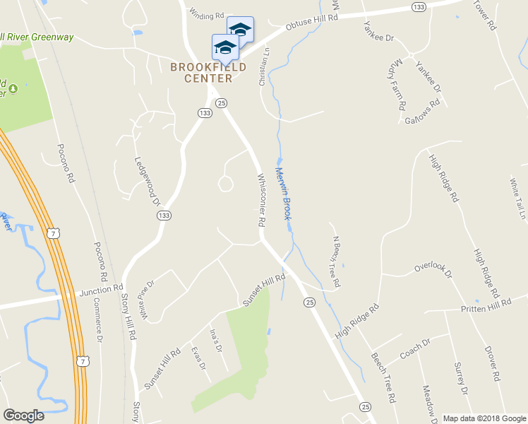map of restaurants, bars, coffee shops, grocery stores, and more near 131 Connecticut 25 in Brookfield