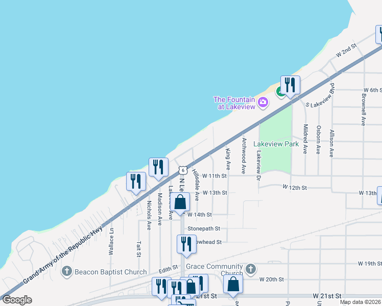 map of restaurants, bars, coffee shops, grocery stores, and more near 122 Chalmers Court in Lorain