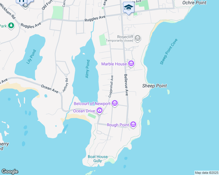 map of restaurants, bars, coffee shops, grocery stores, and more near 194 Coggeshall Avenue in Newport