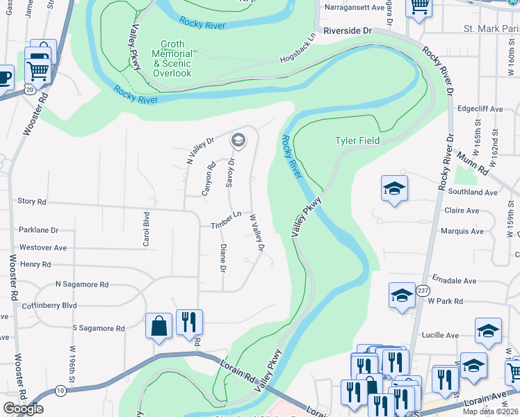 map of restaurants, bars, coffee shops, grocery stores, and more near 3931 W Valley Dr in Fairview Park