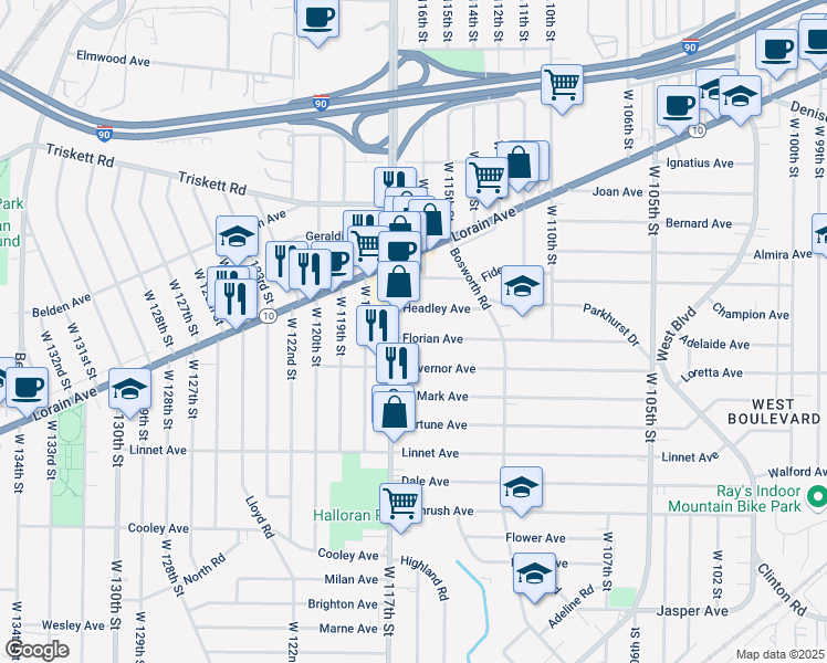 map of restaurants, bars, coffee shops, grocery stores, and more near 11520 Florian Avenue in Cleveland