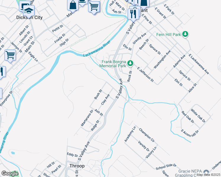 map of restaurants, bars, coffee shops, grocery stores, and more near 210 Division Street in Olyphant